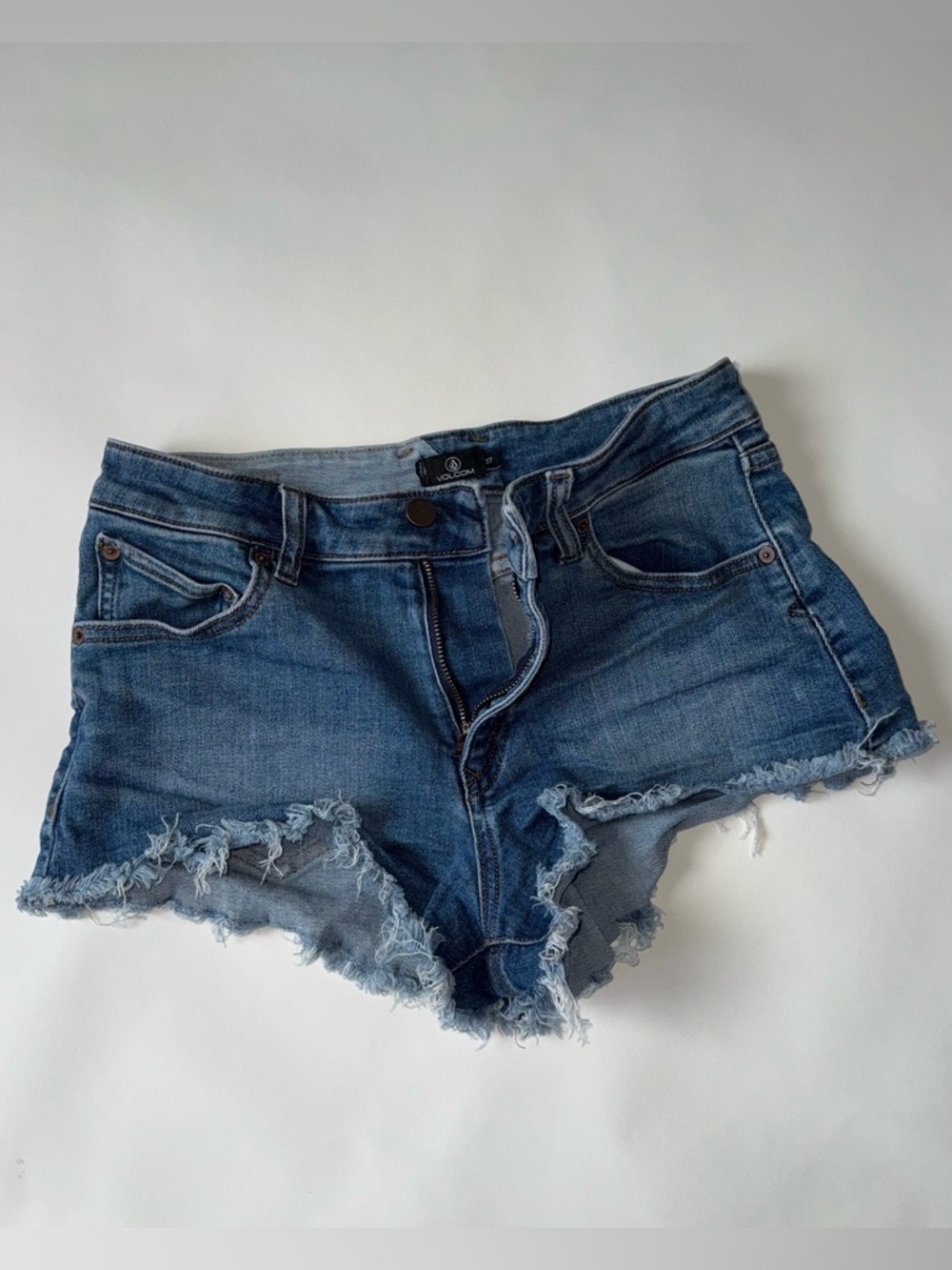 Volcom Distressed Frayed Hem Denim Shorts - Blue